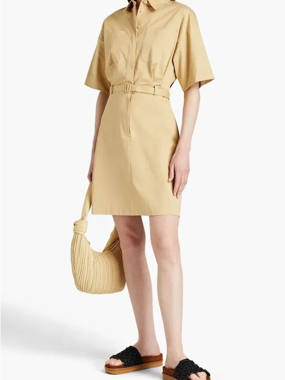 Theory Belted Shirt Dress in Light Beige